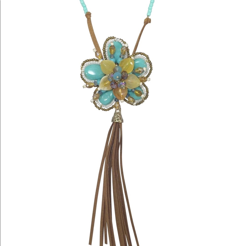 Long Blue & Brown Chunky Flower Tassel Necklace